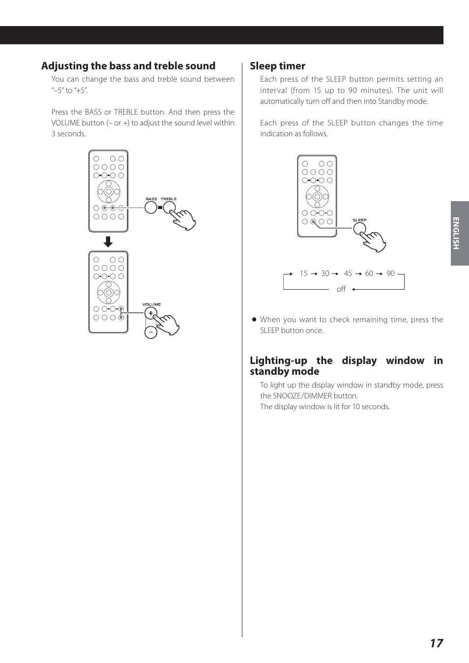 Adjusting the bass and treble sound, Sleep timer, Lighting-up the display window in standby mode | Teac SR-L280i User Manual | Page 17 / 100