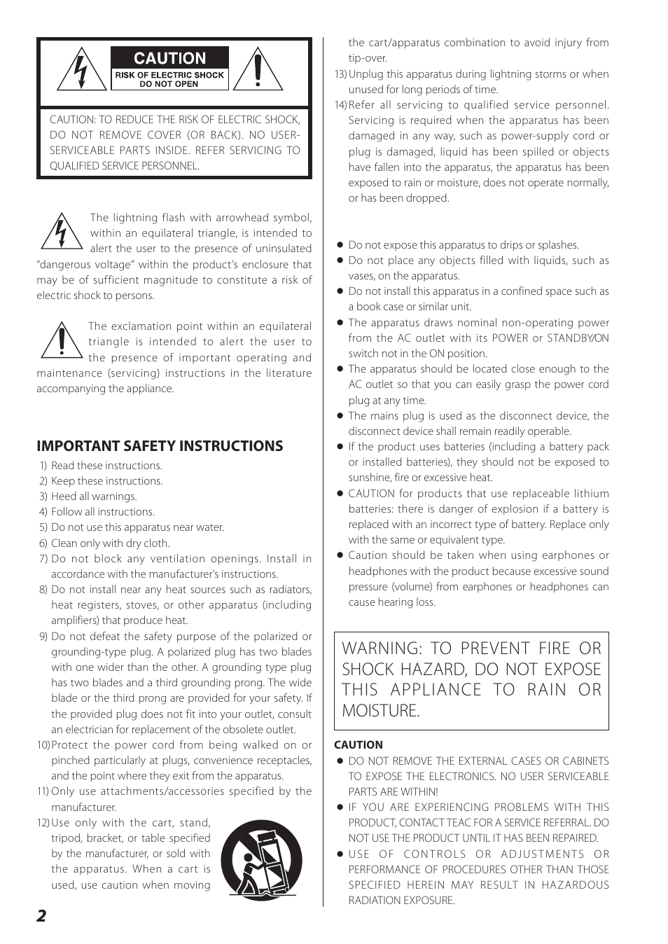 Important safety instructions | Teac SR-L280i User Manual | Page 2 / 100