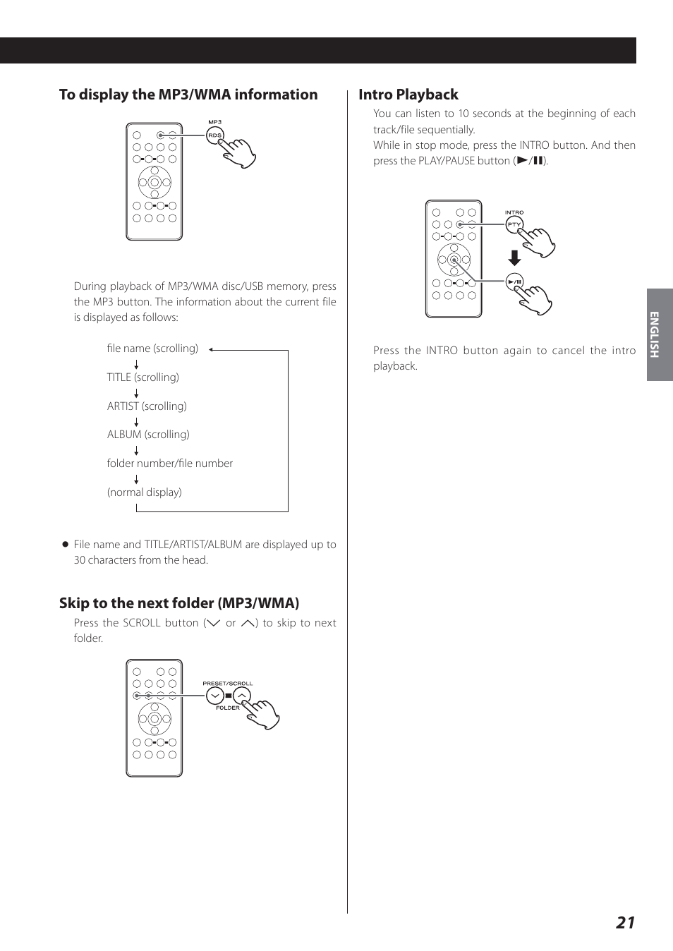 Skip to the next folder (mp3/wma), Intro playback | Teac SR-L280i User Manual | Page 21 / 100