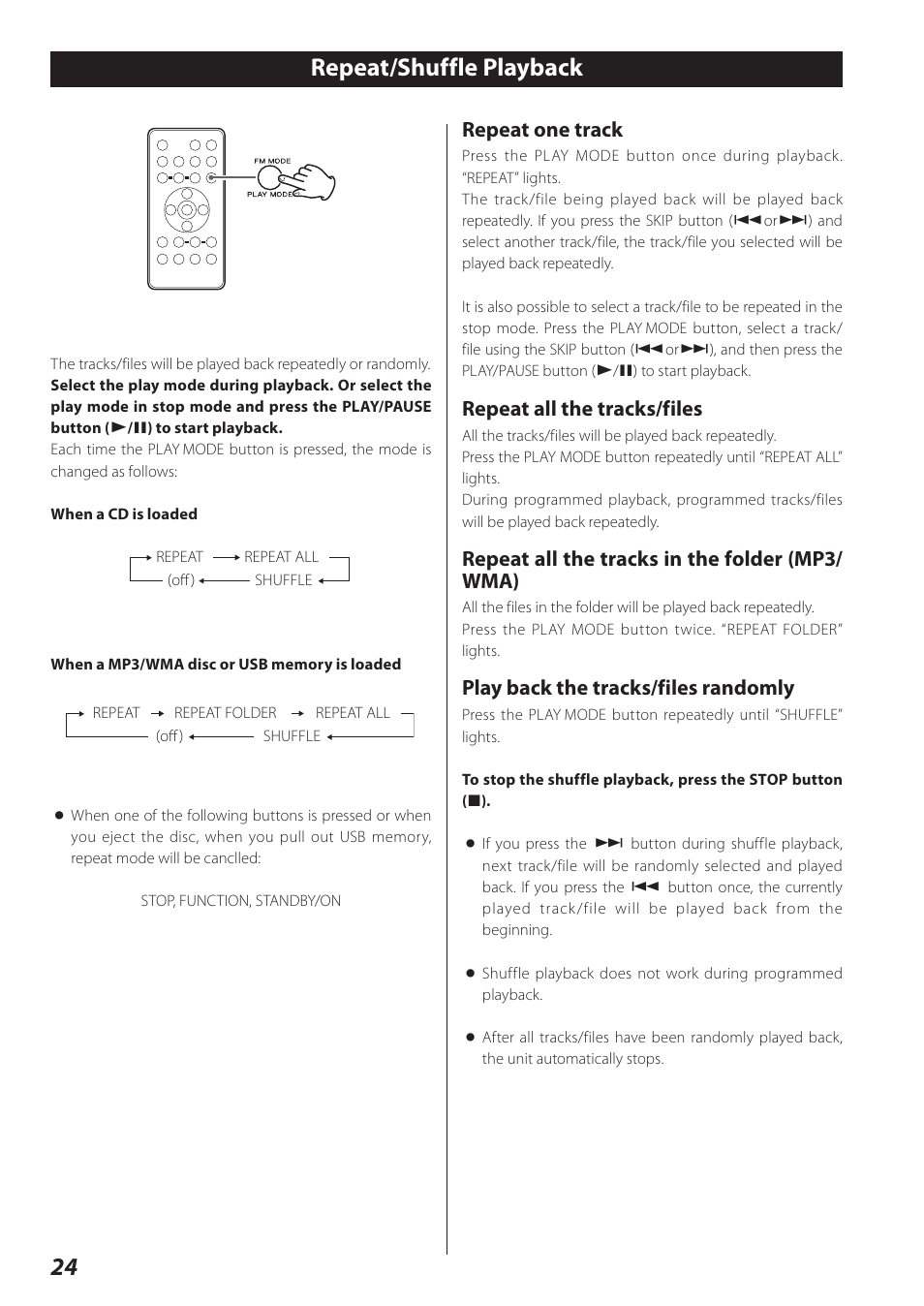 Repeat/shuffle playback, Repeat one track, Repeat all the tracks/files | Repeat all the tracks in the folder (mp3/ wma), Play back the tracks/files randomly | Teac SR-L280i User Manual | Page 24 / 100