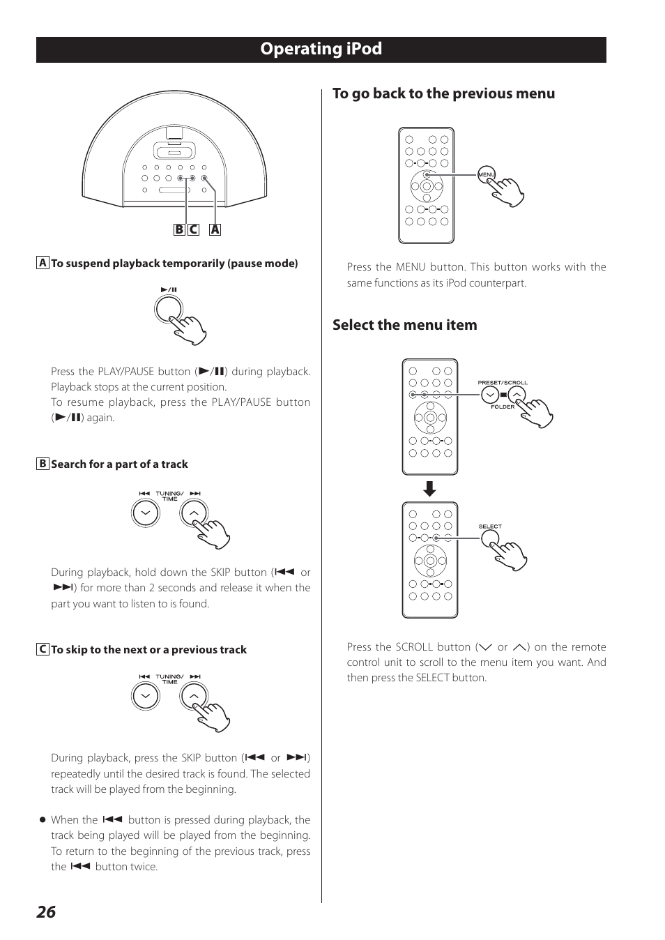 Operating ipod, 26 operating ipod, Select the menu item | Teac SR-L280i User Manual | Page 26 / 100