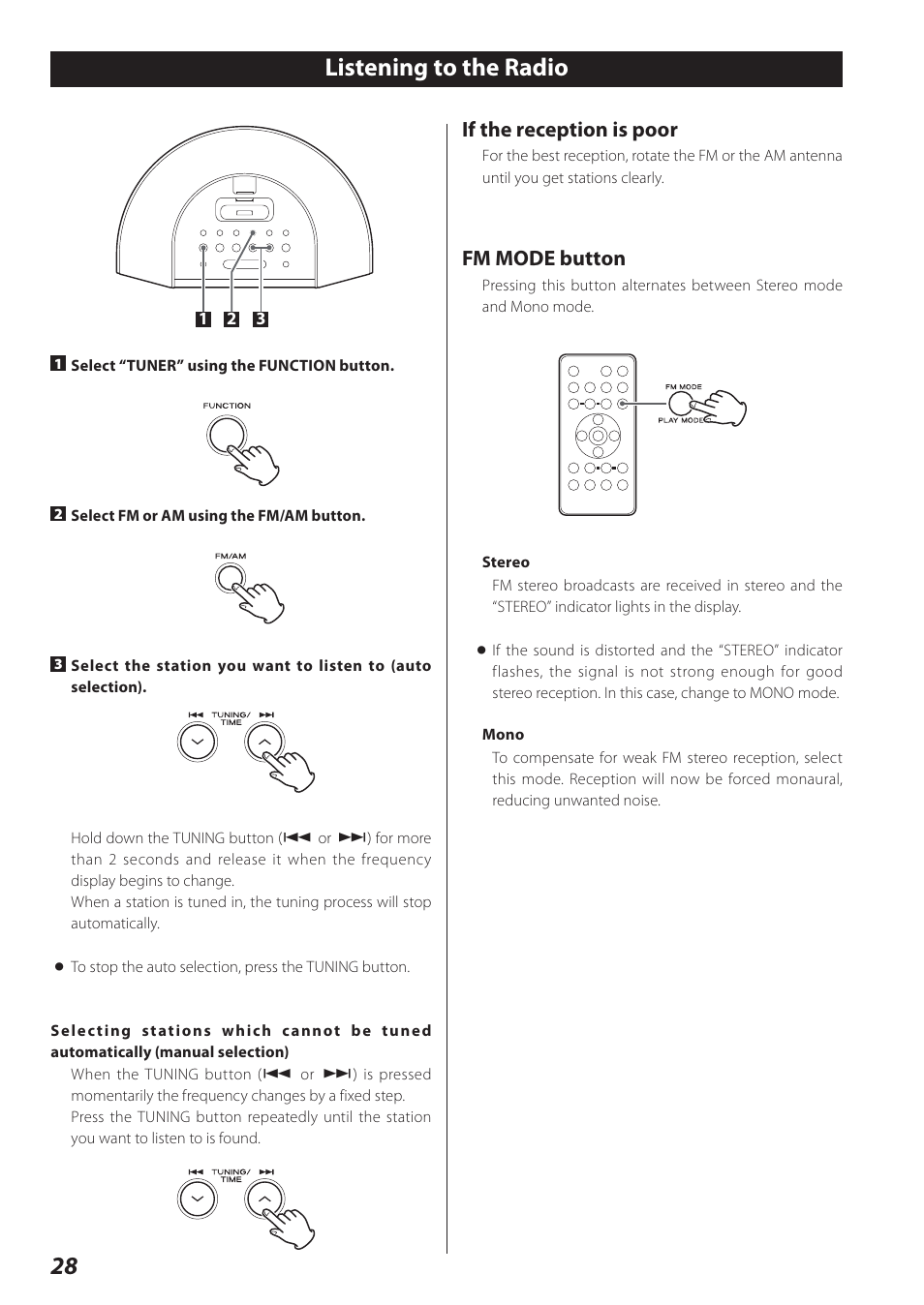 Listening to the radio, If the reception is poor, Fm mode button | Teac SR-L280i User Manual | Page 28 / 100