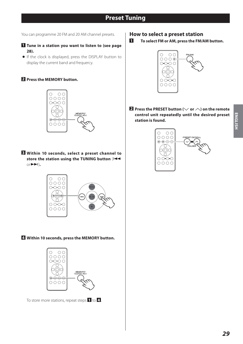 Preset tuning, How to select a preset station | Teac SR-L280i User Manual | Page 29 / 100