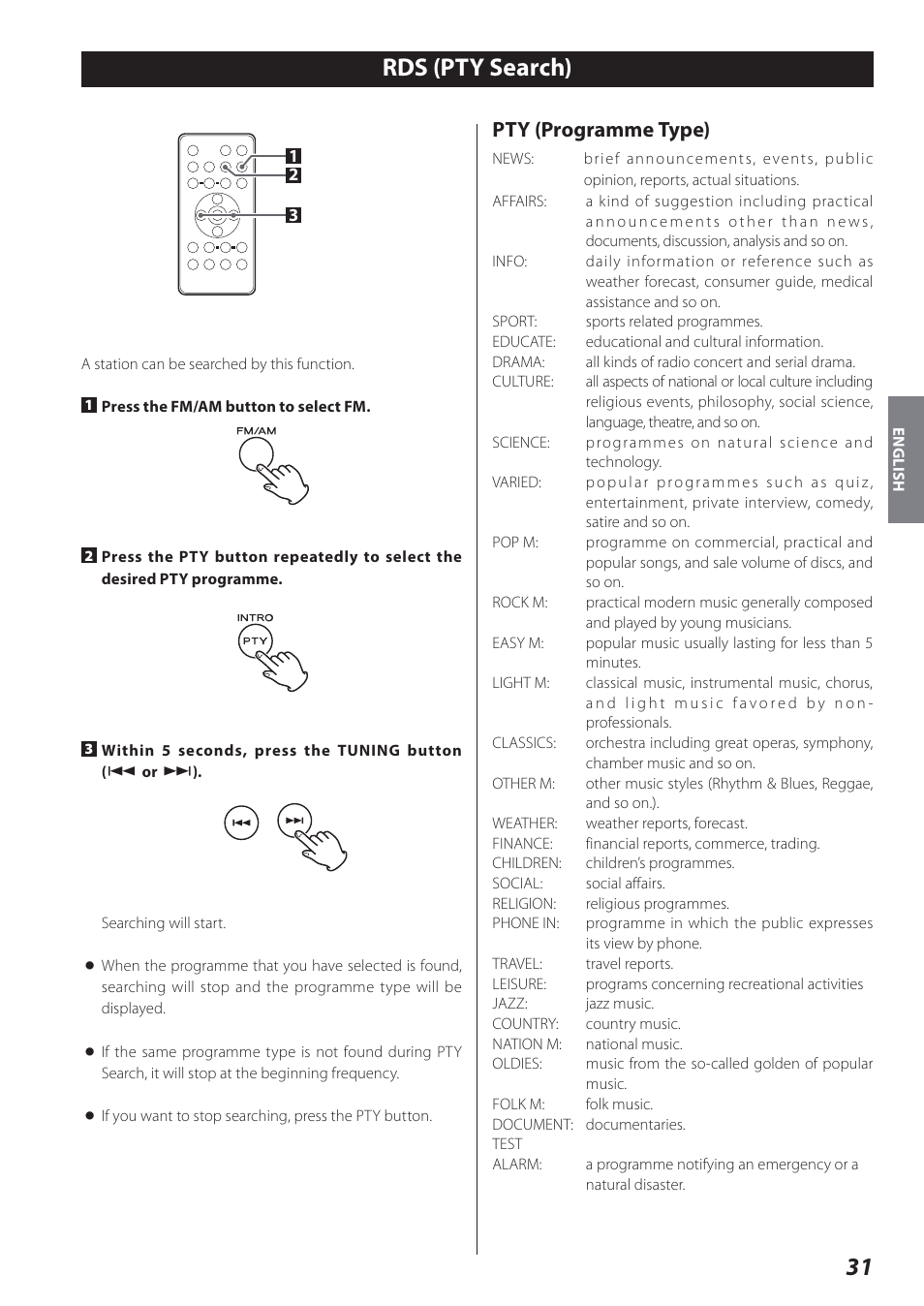 Rds (pty search), Pty (programme type) | Teac SR-L280i User Manual | Page 31 / 100