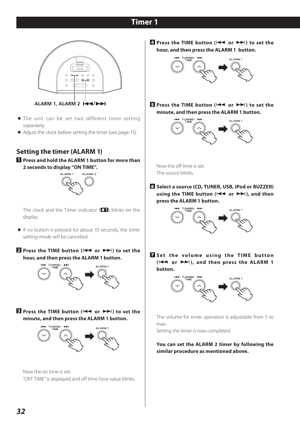 Timer, 32 timer 1, Setting the timer (alarm 1) | Teac SR-L280i User Manual | Page 32 / 100