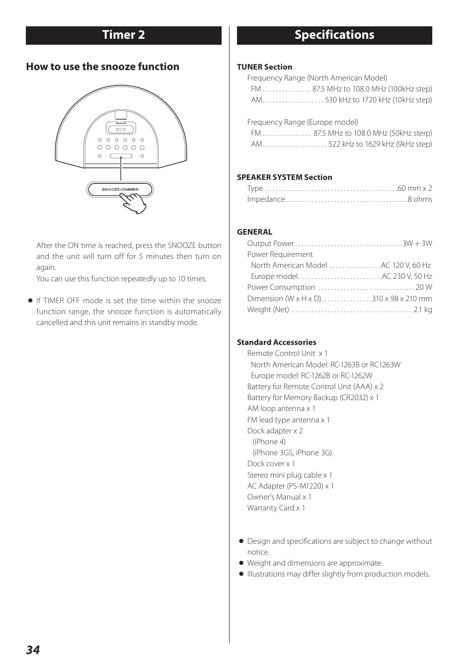 Specifications, 34 specifications, Timer 2 | How to use the snooze function | Teac SR-L280i User Manual | Page 34 / 100