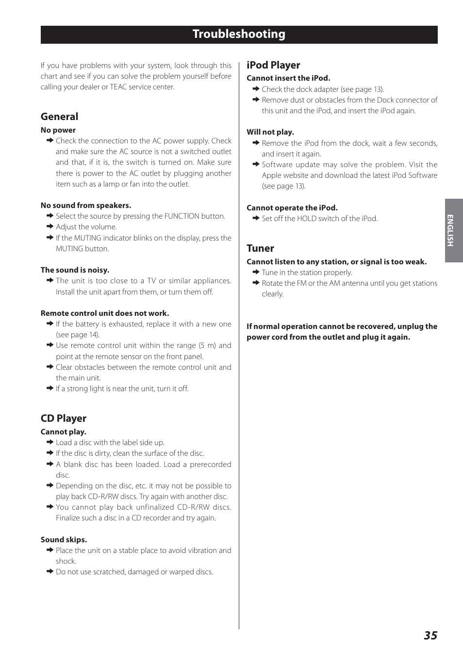 Troubleshooting, General, Cd player | Ipod player, Tuner | Teac SR-L280i User Manual | Page 35 / 100