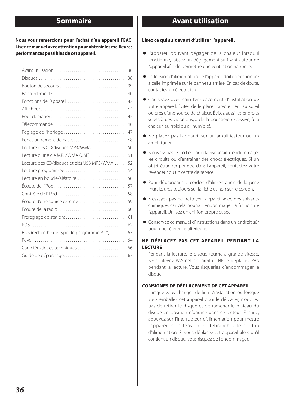 Manuel du propriétaire, Sommaire, Avant utilisation | Avant utilisation sommaire | Teac SR-L280i User Manual | Page 36 / 100