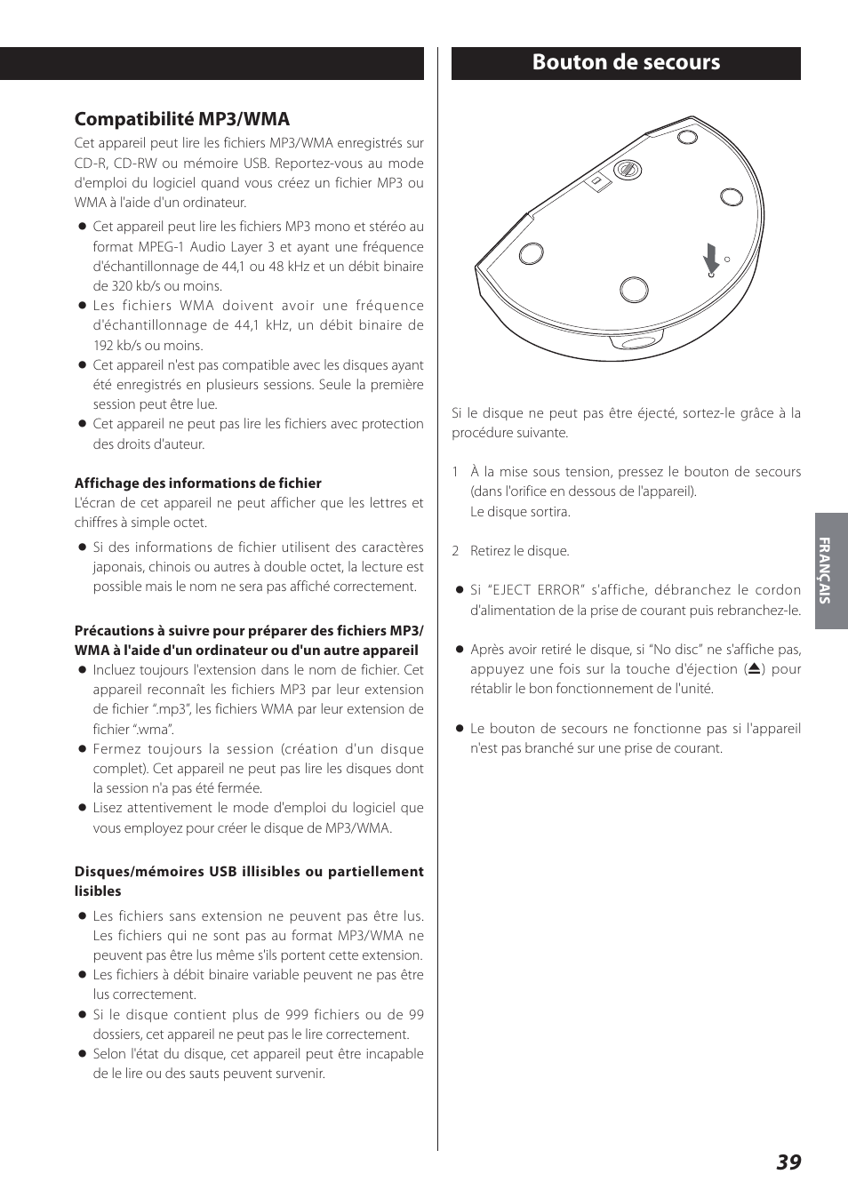 Bouton de secours, Compatibilité mp3/wma | Teac SR-L280i User Manual | Page 39 / 100