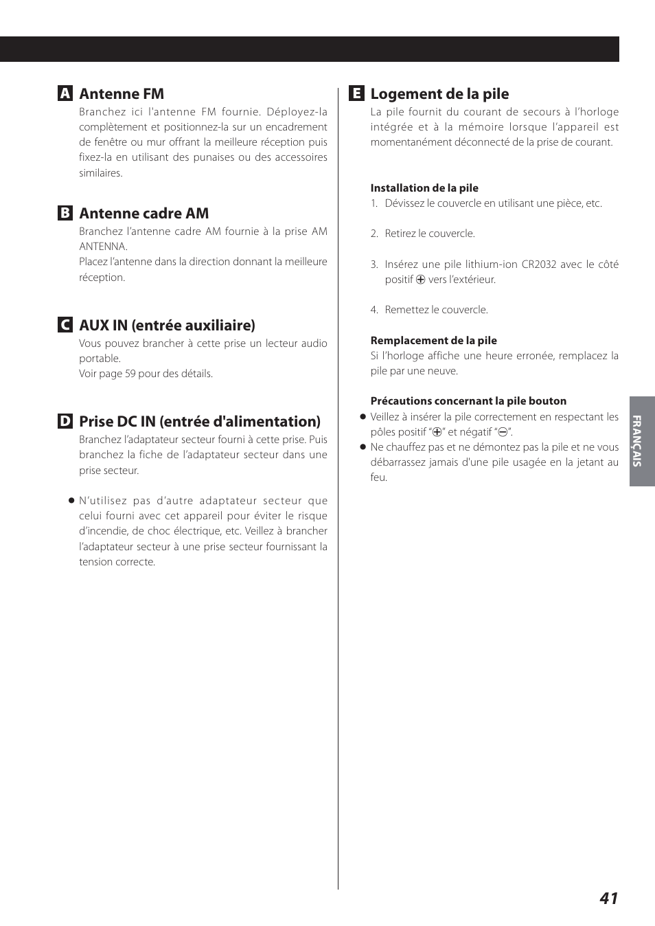 Antenne fm, Antenne cadre am, Aux in (entrée auxiliaire) | Prise dc in (entrée d'alimentation), Logement de la pile | Teac SR-L280i User Manual | Page 41 / 100