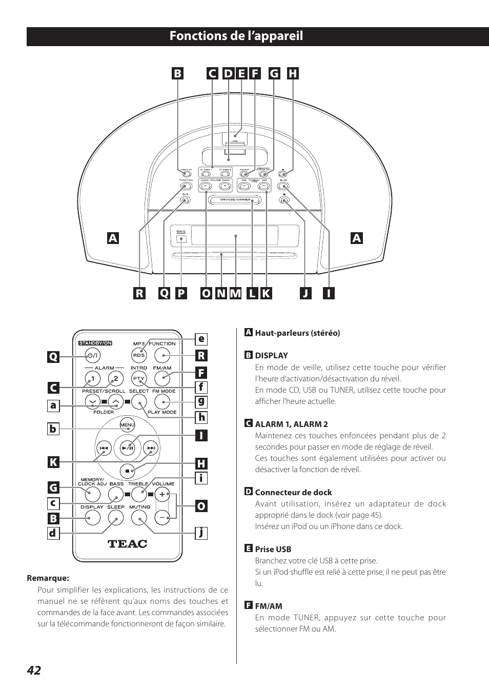 Fonctions de l’appareil, 42 fonctions de l’appareil | Teac SR-L280i User Manual | Page 42 / 100