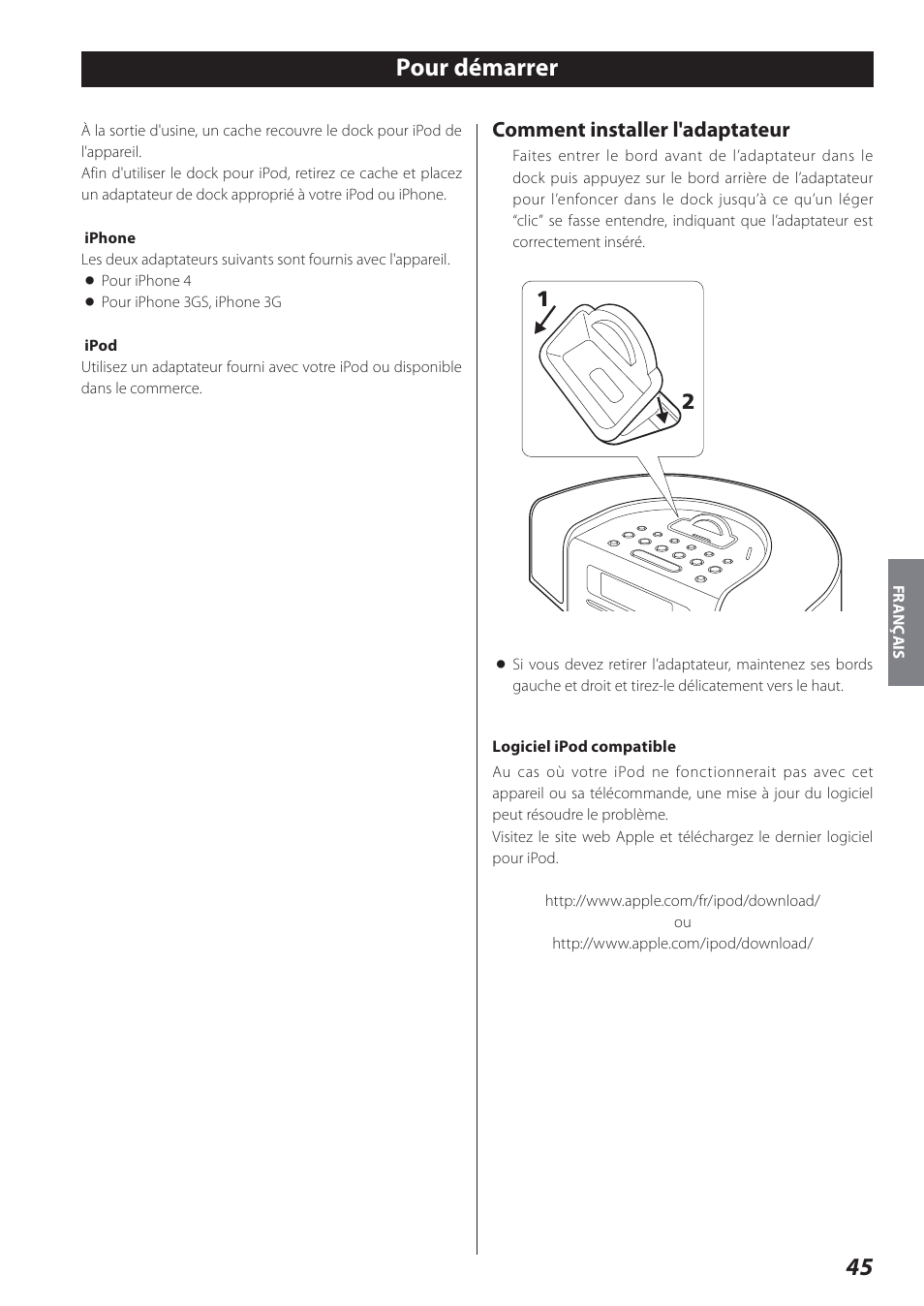 Pour démarrer, Comment installer l'adaptateur | Teac SR-L280i User Manual | Page 45 / 100