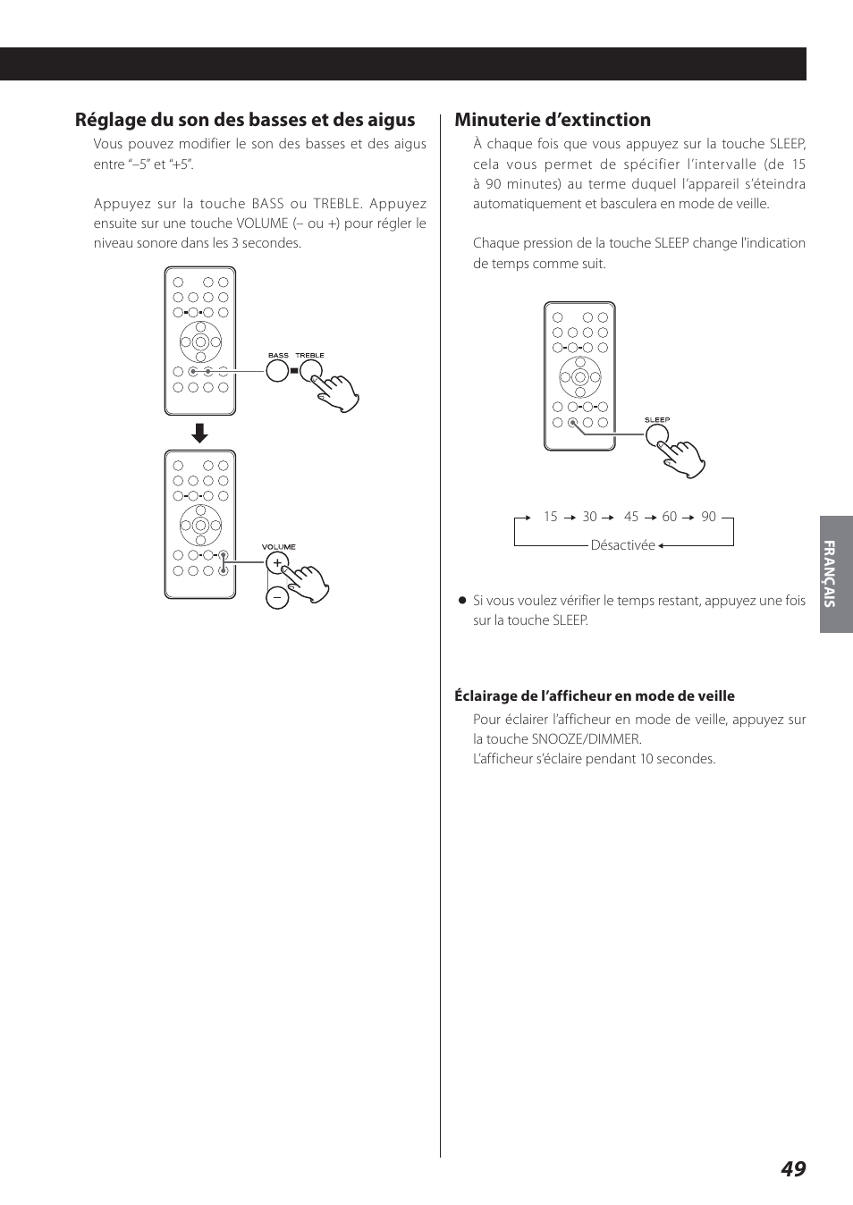 Réglage du son des basses et des aigus, Minuterie d’extinction | Teac SR-L280i User Manual | Page 49 / 100