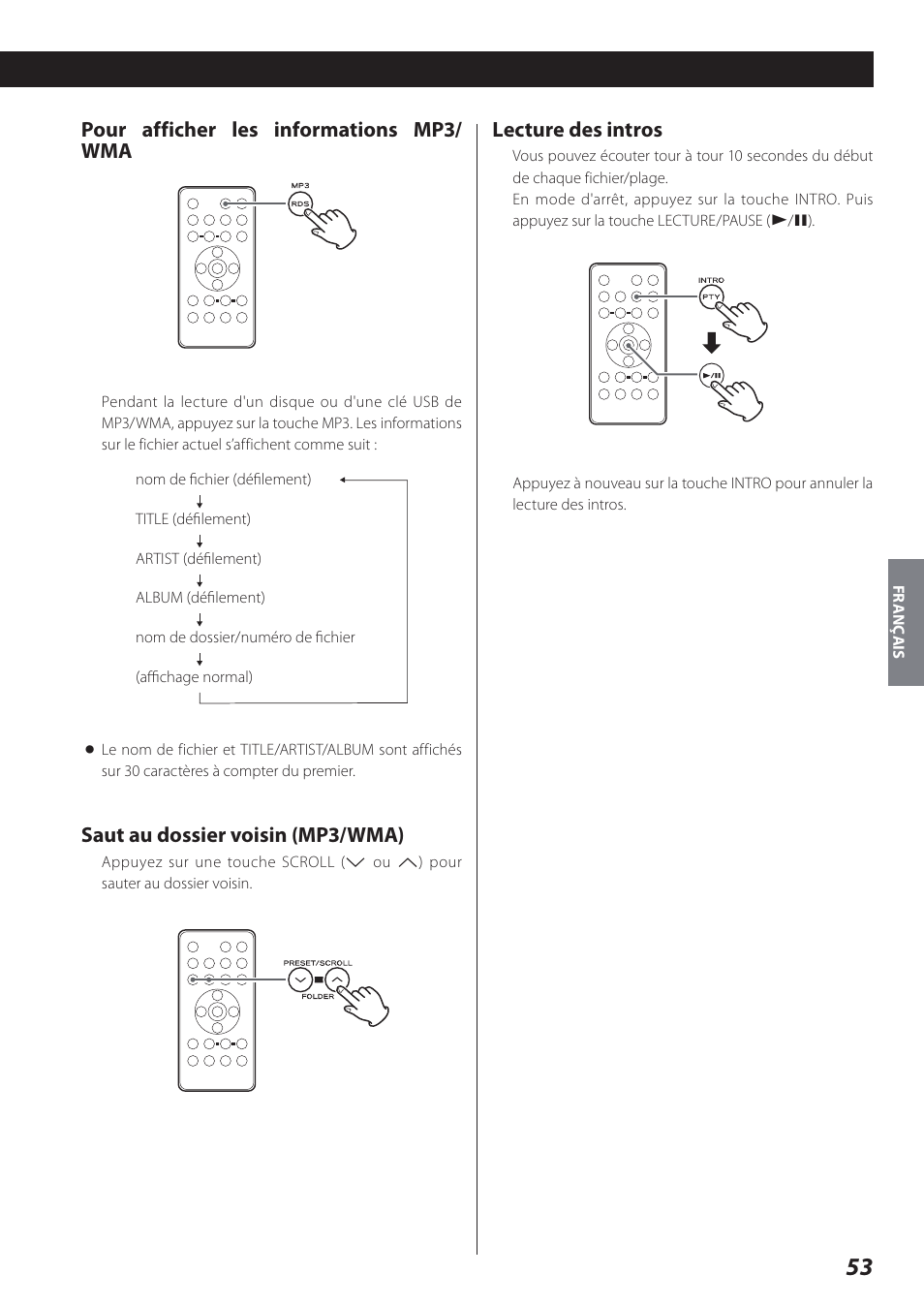 Pour afficher les informations mp3/ wma, Saut au dossier voisin (mp3/wma), Lecture des intros | Teac SR-L280i User Manual | Page 53 / 100