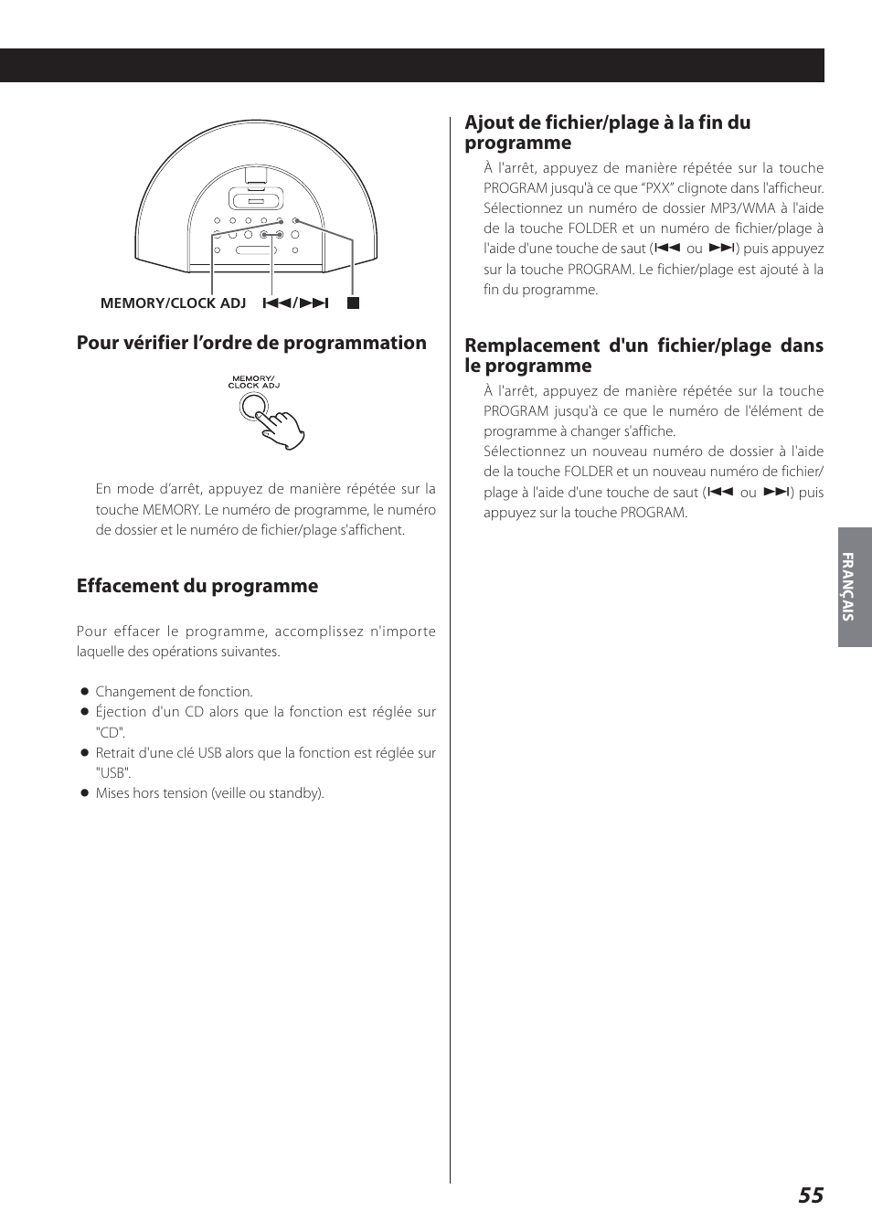 Pour vérifier l’ordre de programmation, Effacement du programme, Ajout de fichier/plage à la fin du programme | Remplacement d'un fichier/plage dans le programme | Teac SR-L280i User Manual | Page 55 / 100