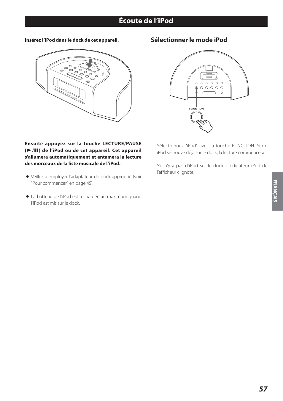 Écoute de l’ipod, Sélectionner le mode ipod | Teac SR-L280i User Manual | Page 57 / 100