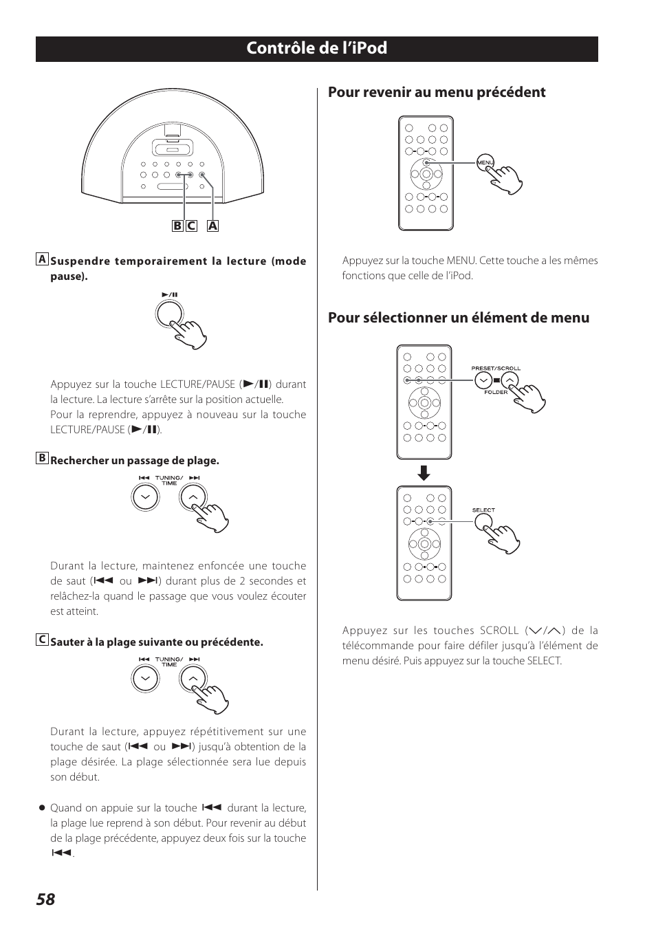 Contrôle de l’ipod, 58 contrôle de l’ipod, Pour revenir au menu précédent | Pour sélectionner un élément de menu | Teac SR-L280i User Manual | Page 58 / 100