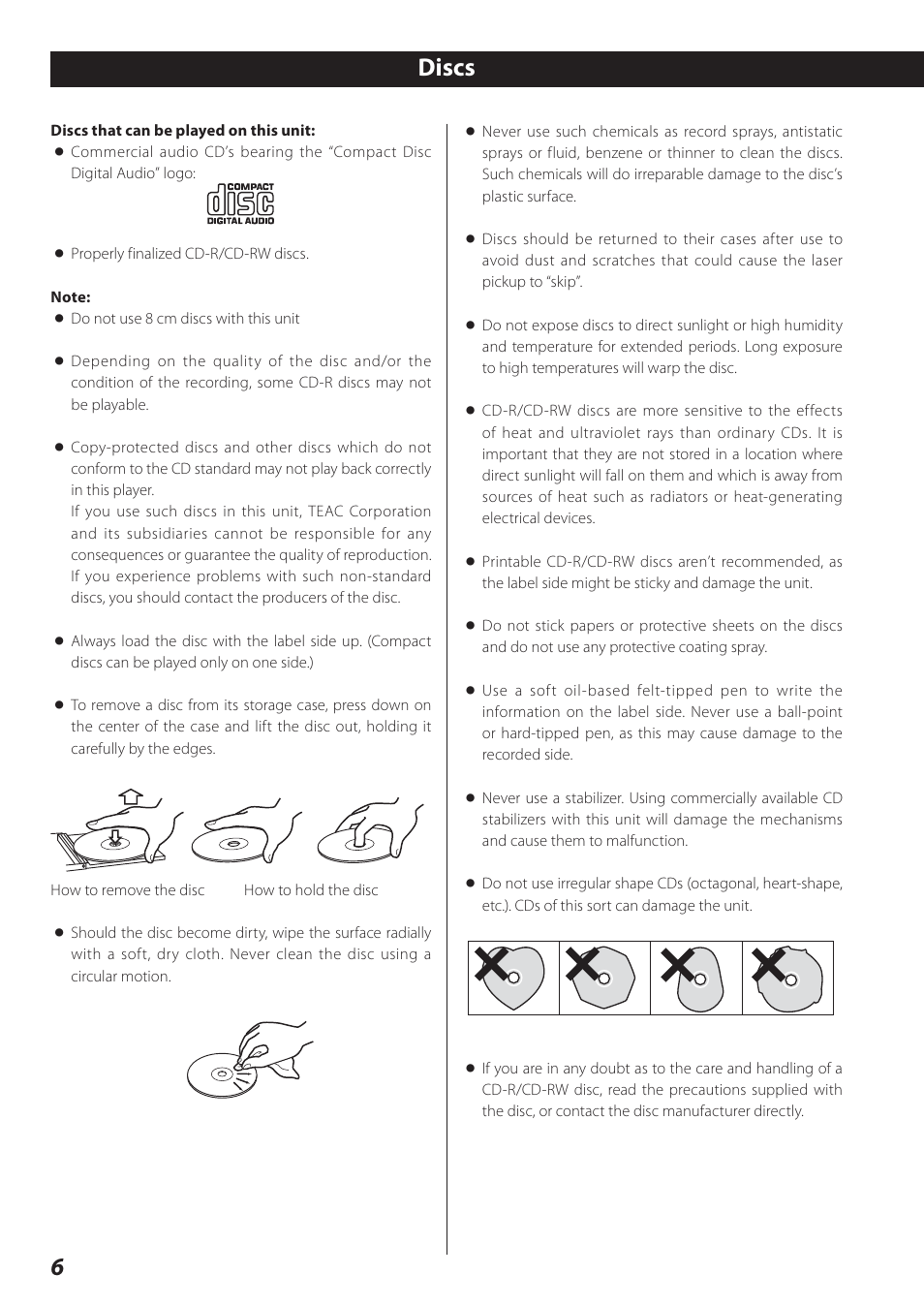 Discs | Teac SR-L280i User Manual | Page 6 / 100