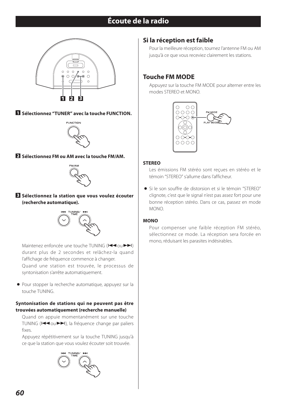 Écoute de la radio, Si la réception est faible, Touche fm mode | Teac SR-L280i User Manual | Page 60 / 100