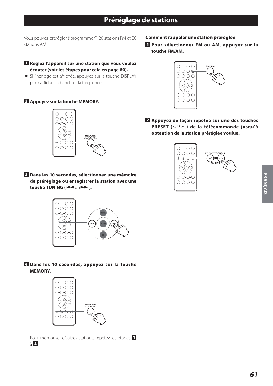 Préréglage de stations | Teac SR-L280i User Manual | Page 61 / 100