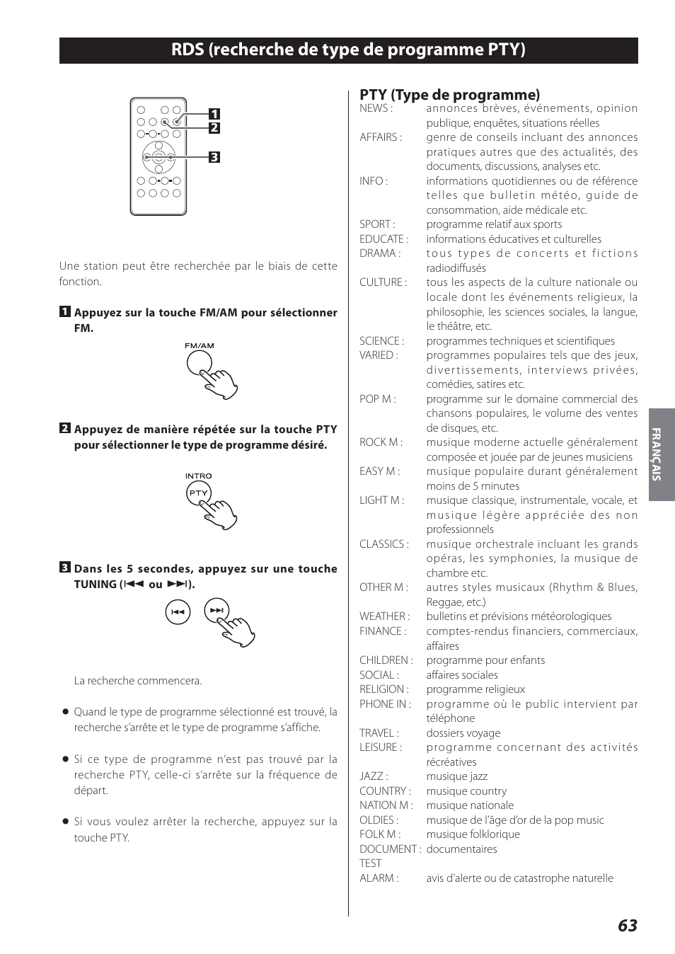 Rds (recherche de type de programme pty), Pty (type de programme) | Teac SR-L280i User Manual | Page 63 / 100