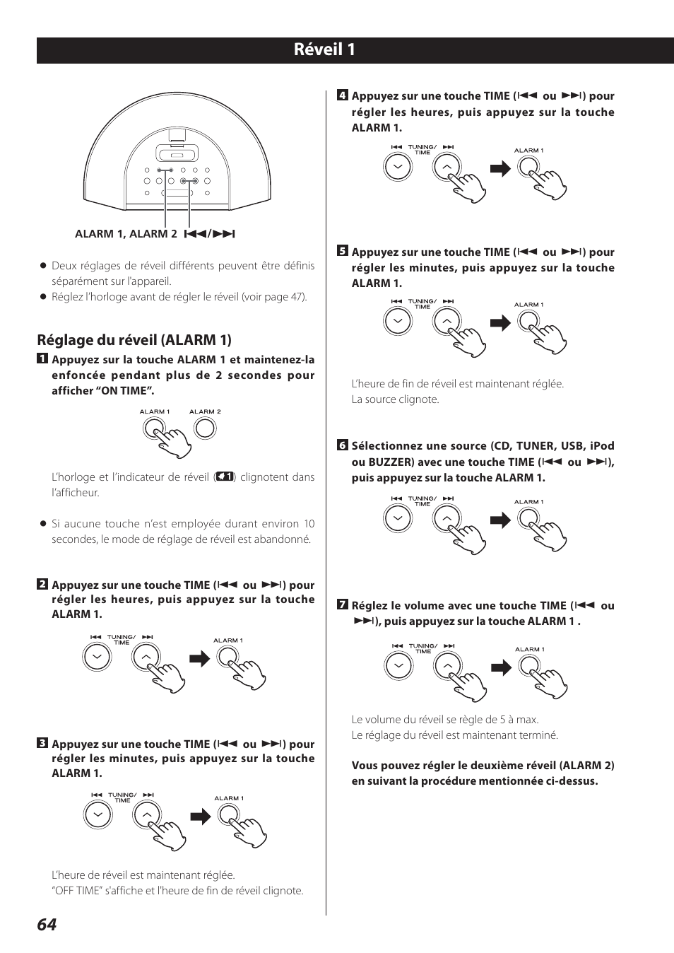 Réveil, 64 réveil 1, Réglage du réveil (alarm 1) | Teac SR-L280i User Manual | Page 64 / 100