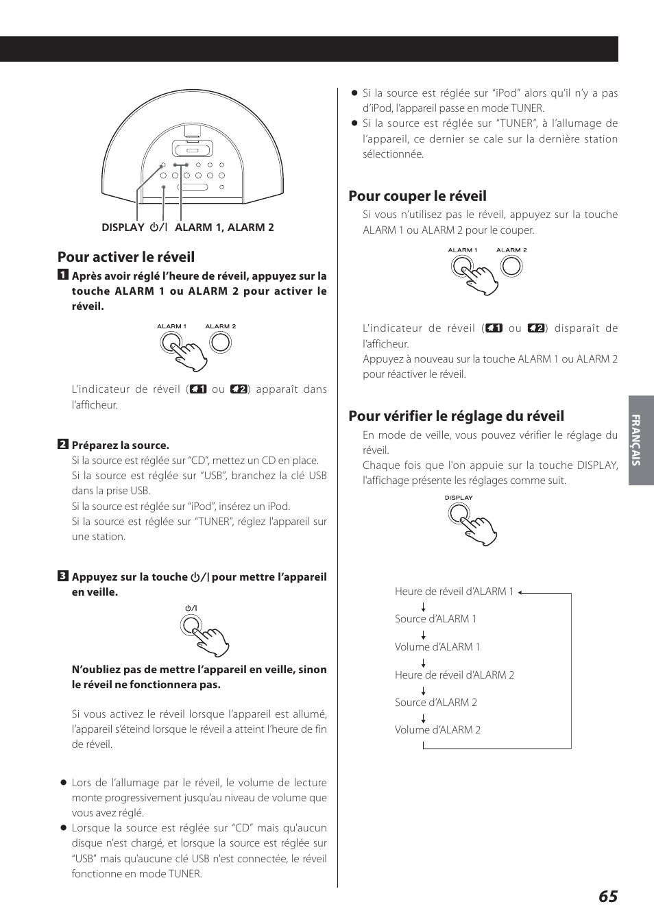 Pour couper le réveil, Pour vérifier le réglage du réveil, Pour activer le réveil | Teac SR-L280i User Manual | Page 65 / 100