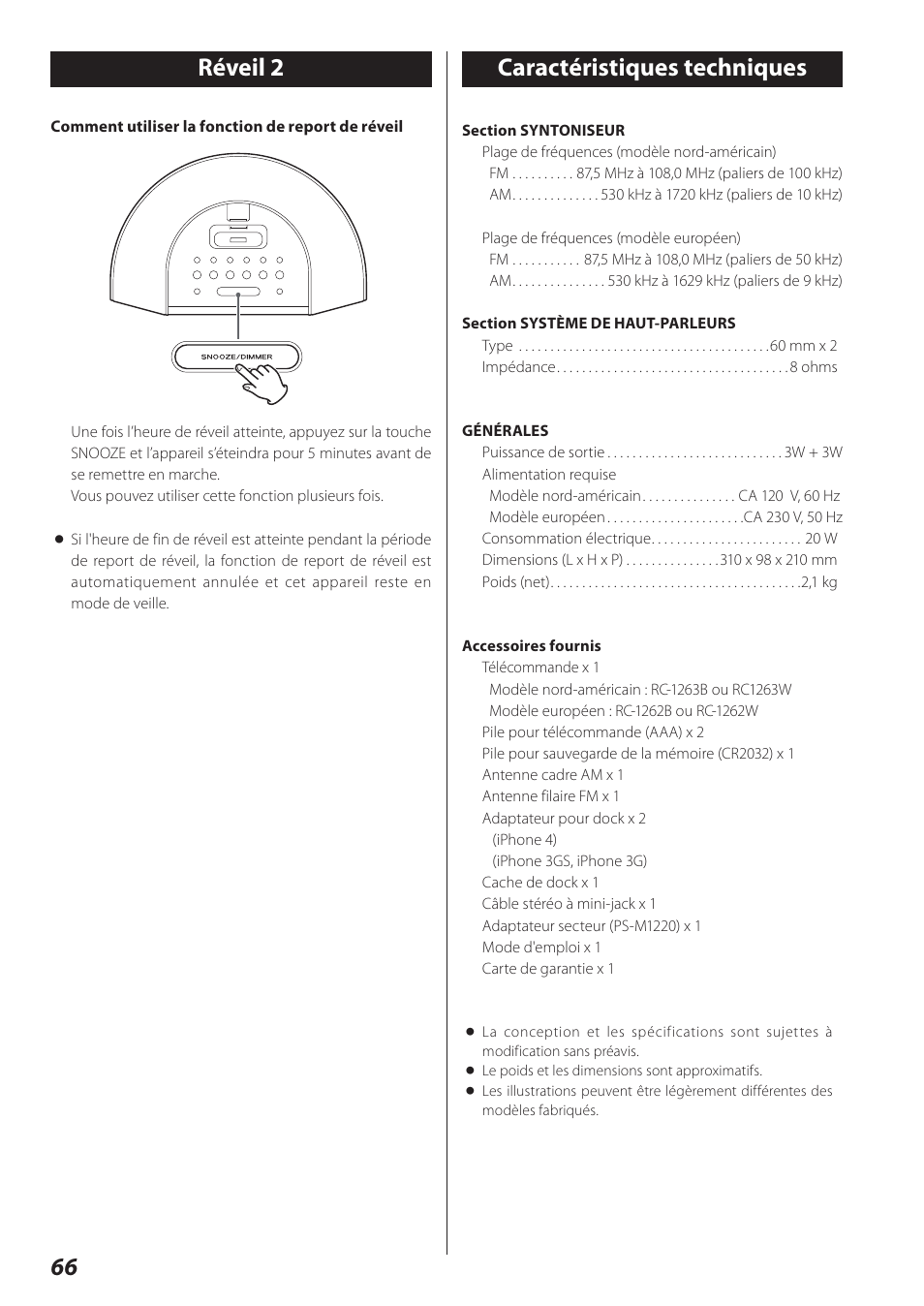 Caractéristiques techniques, 66 caractéristiques techniques, Réveil 2 | Teac SR-L280i User Manual | Page 66 / 100