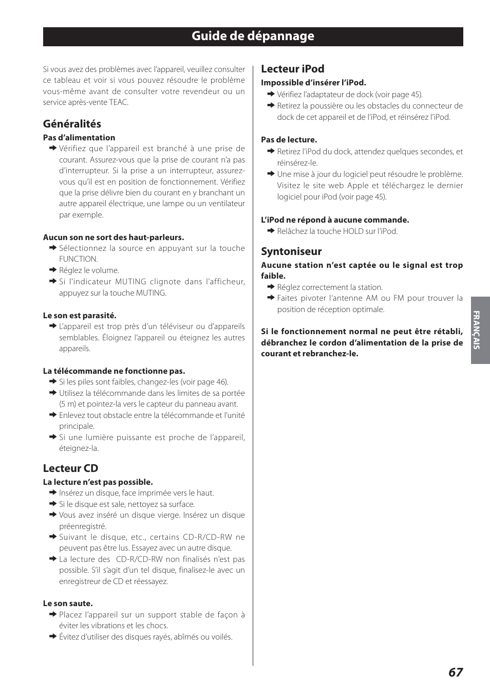 Guide de dépannage, Généralités, Lecteur cd | Lecteur ipod, Syntoniseur | Teac SR-L280i User Manual | Page 67 / 100