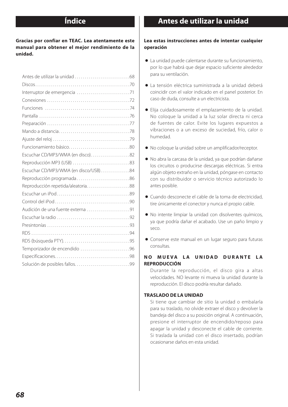 Manual del usuario, Índice, Antes de utilizar la unidad | Antes de utilizar la unidad índice | Teac SR-L280i User Manual | Page 68 / 100