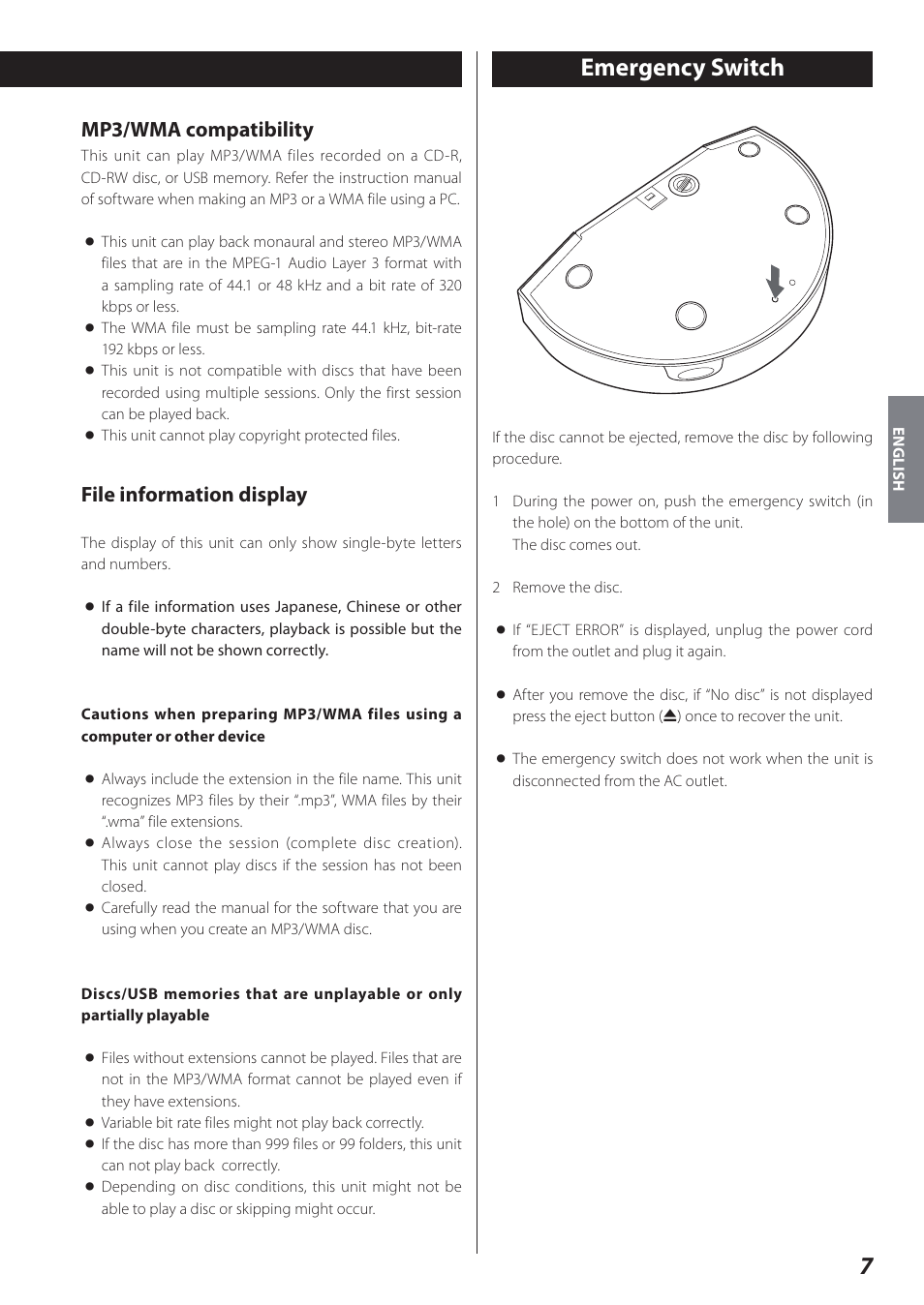 Emergency switch, 7emergency switch, Mp3/wma compatibility | File information display | Teac SR-L280i User Manual | Page 7 / 100