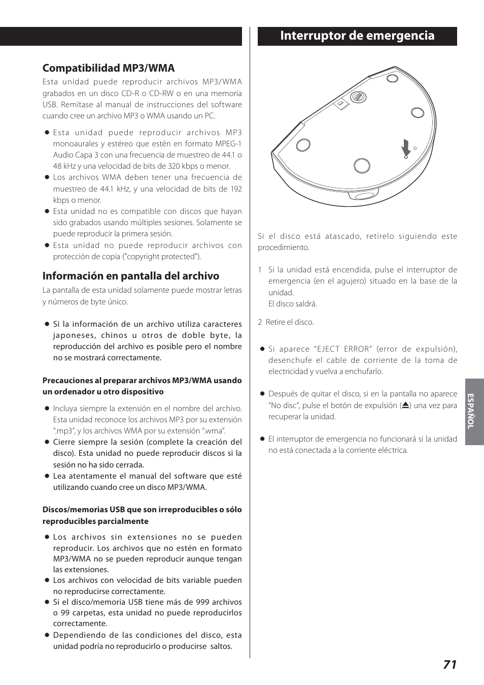 Interruptor de emergencia, Compatibilidad mp3/wma, Información en pantalla del archivo | Teac SR-L280i User Manual | Page 71 / 100