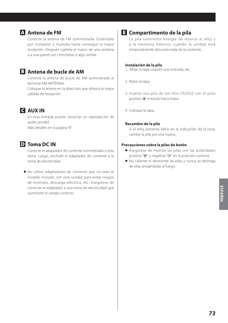 Antena de fm, Antena de bucle de am, Aux in | Toma dc in, Compartimento de la pila | Teac SR-L280i User Manual | Page 73 / 100