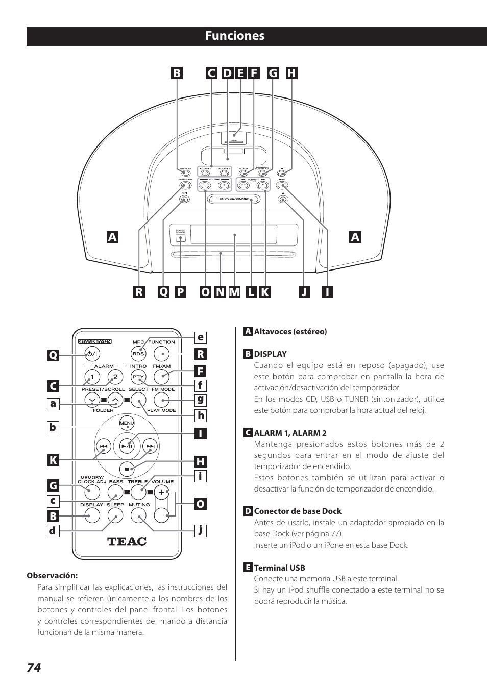 Funciones, 74 funciones | Teac SR-L280i User Manual | Page 74 / 100