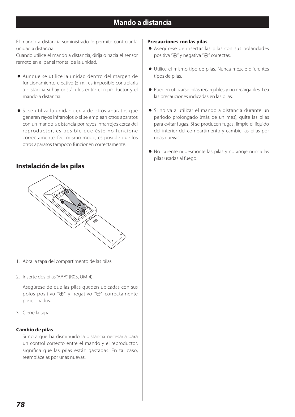 Mando a distancia, 78 mando a distancia, Instalación de las pilas | Teac SR-L280i User Manual | Page 78 / 100