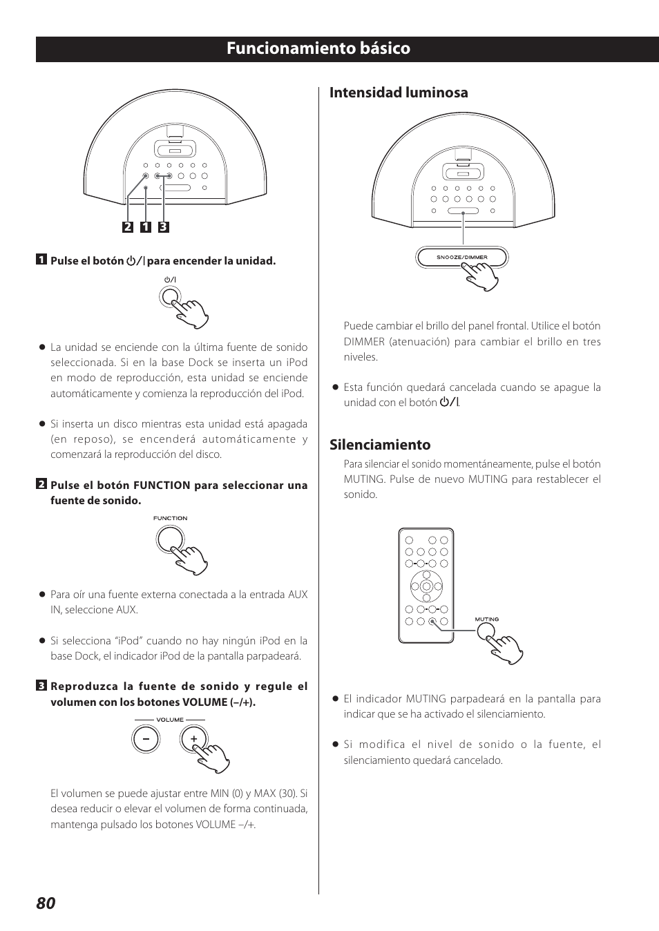 Funcionamiento básico, 80 funcionamiento básico, Intensidad luminosa | Silenciamiento | Teac SR-L280i User Manual | Page 80 / 100