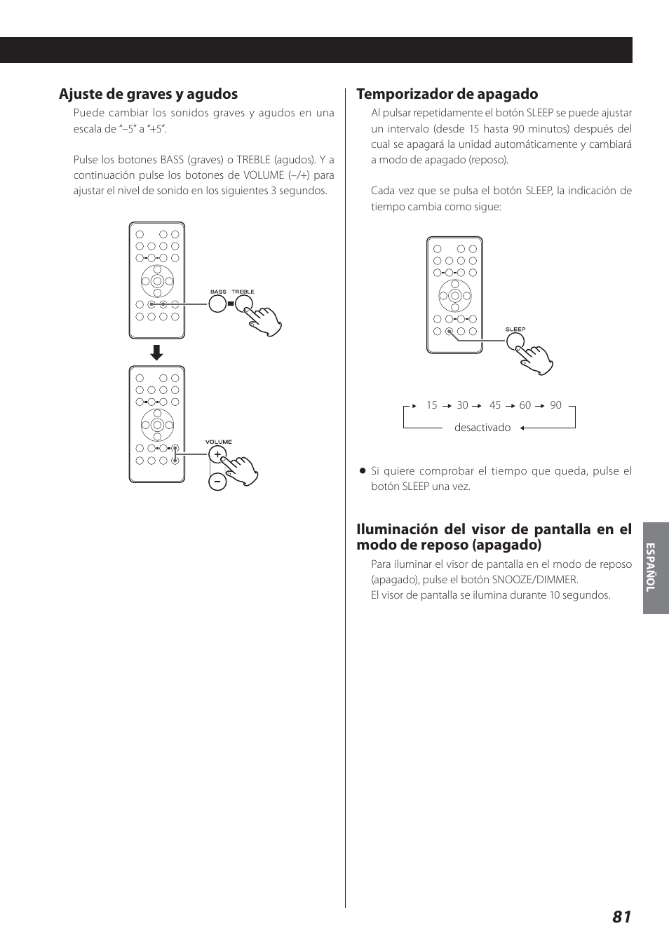 Ajuste de graves y agudos, Temporizador de apagado | Teac SR-L280i User Manual | Page 81 / 100