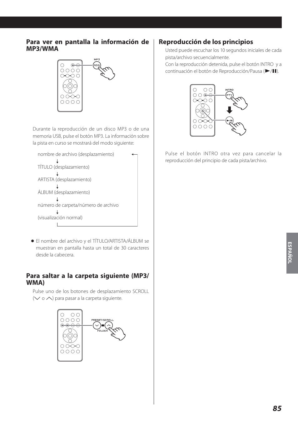 Para ver en pantalla la información de mp3/wma, Para saltar a la carpeta siguiente (mp3/ wma), Reproducción de los principios | Teac SR-L280i User Manual | Page 85 / 100