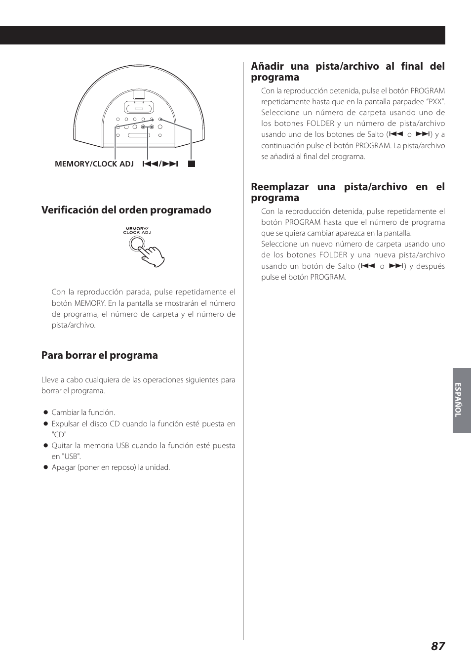 Verificación del orden programado, Para borrar el programa, Añadir una pista/archivo al final del programa | Reemplazar una pista/archivo en el programa | Teac SR-L280i User Manual | Page 87 / 100