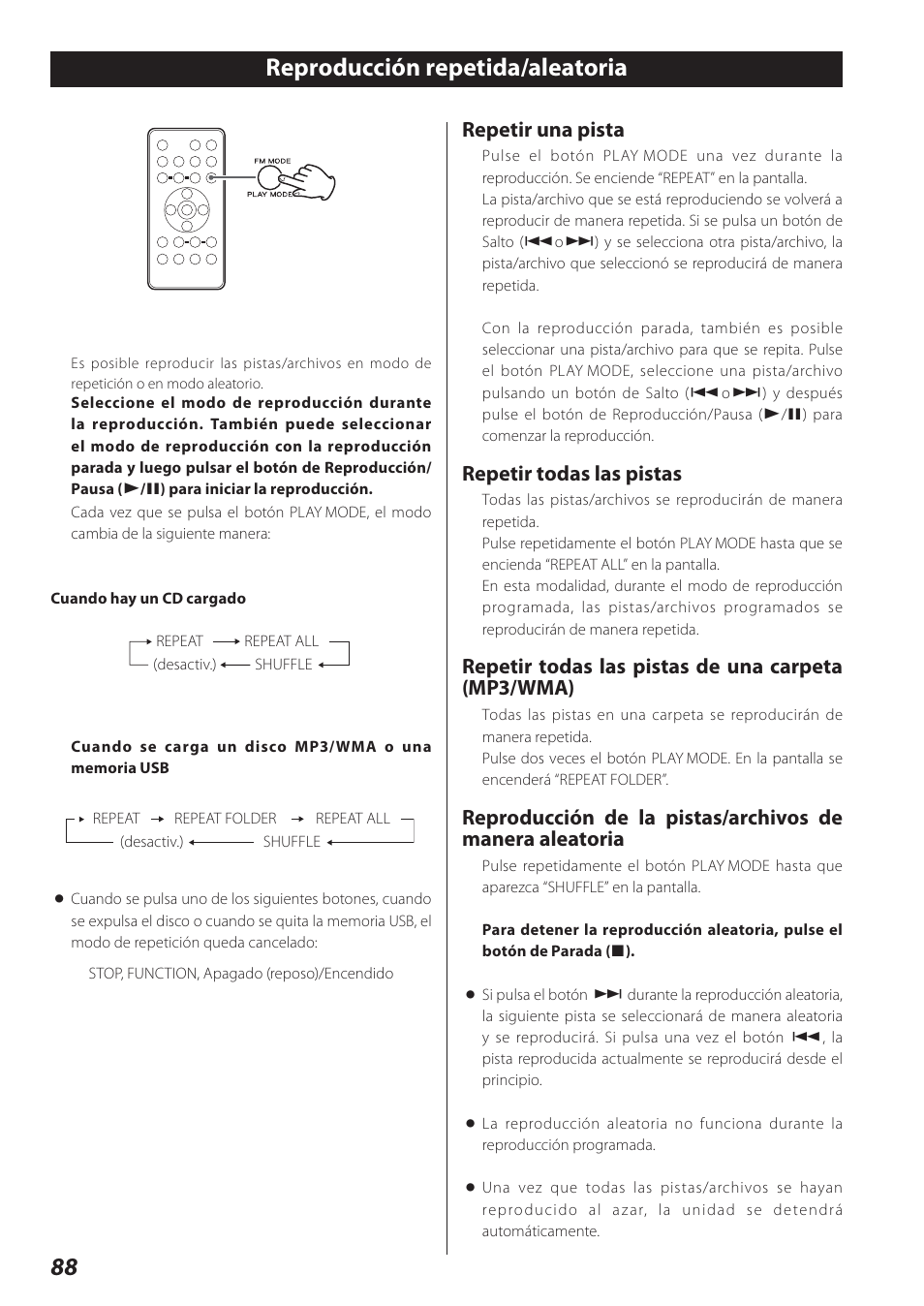 Reproducción repetida/aleatoria, Repetir una pista, Repetir todas las pistas | Repetir todas las pistas de una carpeta (mp3/wma) | Teac SR-L280i User Manual | Page 88 / 100