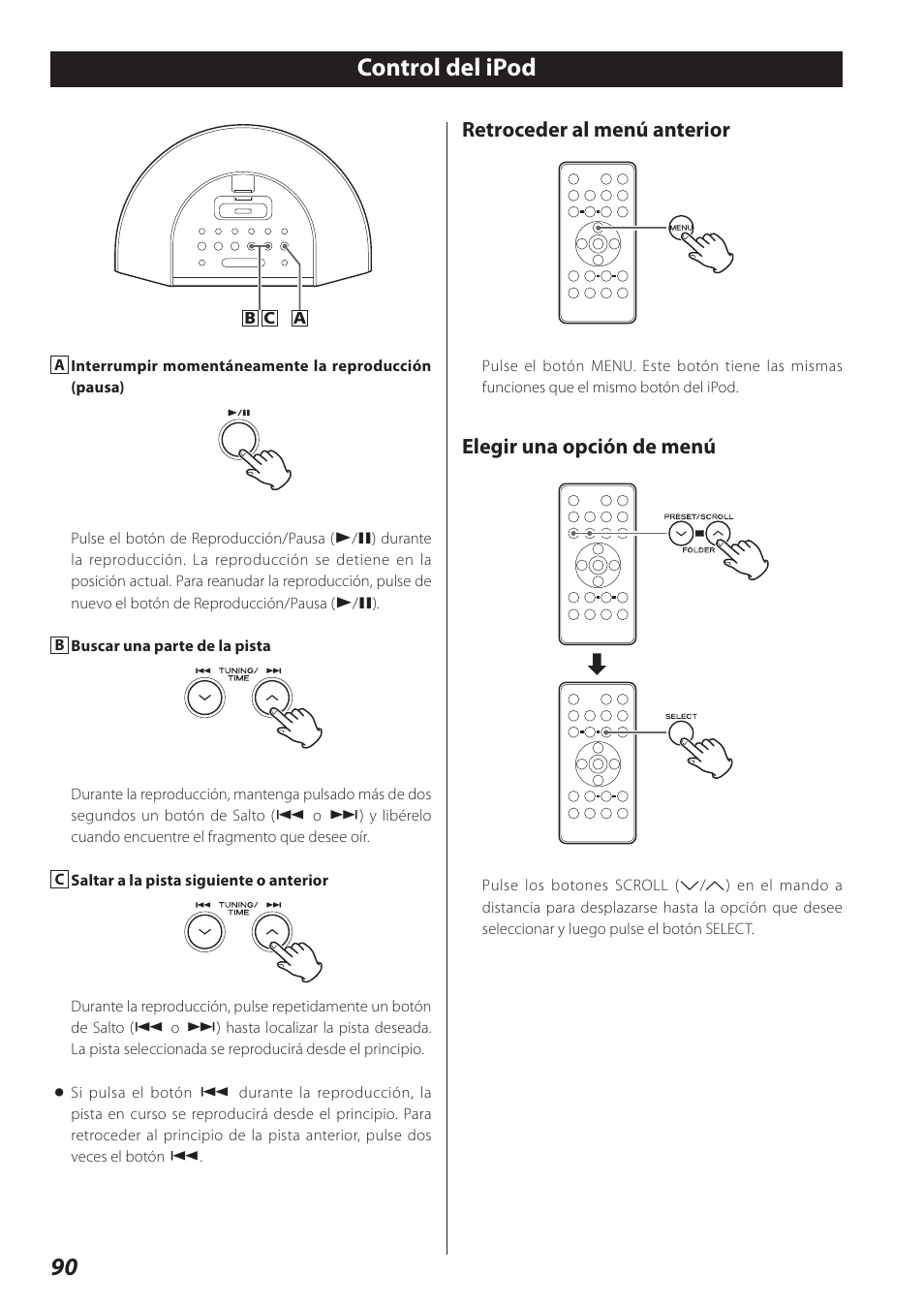 Control del ipod, 90 control del ipod, Retroceder al menú anterior | Elegir una opción de menú | Teac SR-L280i User Manual | Page 90 / 100