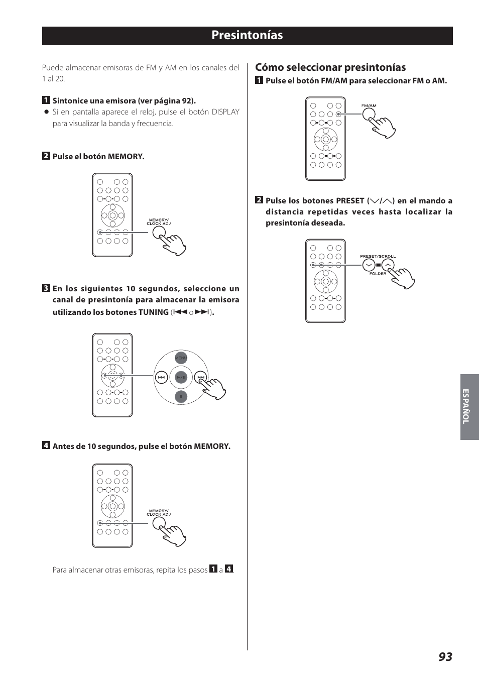 Presintonías, Cómo seleccionar presintonías | Teac SR-L280i User Manual | Page 93 / 100