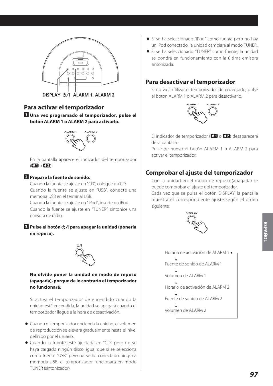 Para desactivar el temporizador, Comprobar el ajuste del temporizador, Para activar el temporizador | Teac SR-L280i User Manual | Page 97 / 100