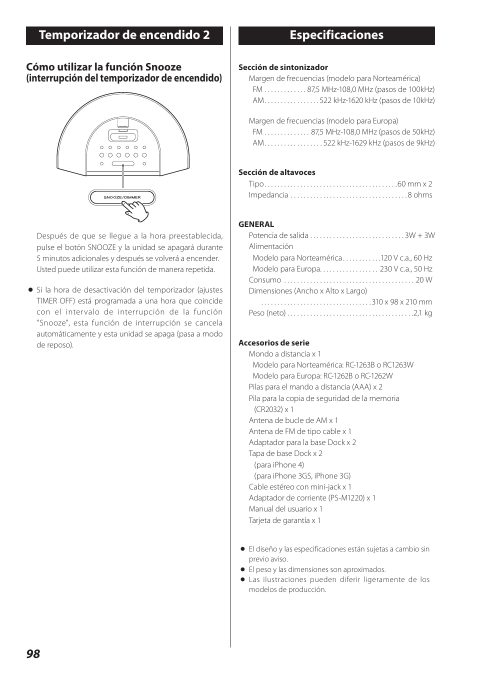 Especificaciones, 98 especificaciones, Temporizador de encendido 2 | Teac SR-L280i User Manual | Page 98 / 100