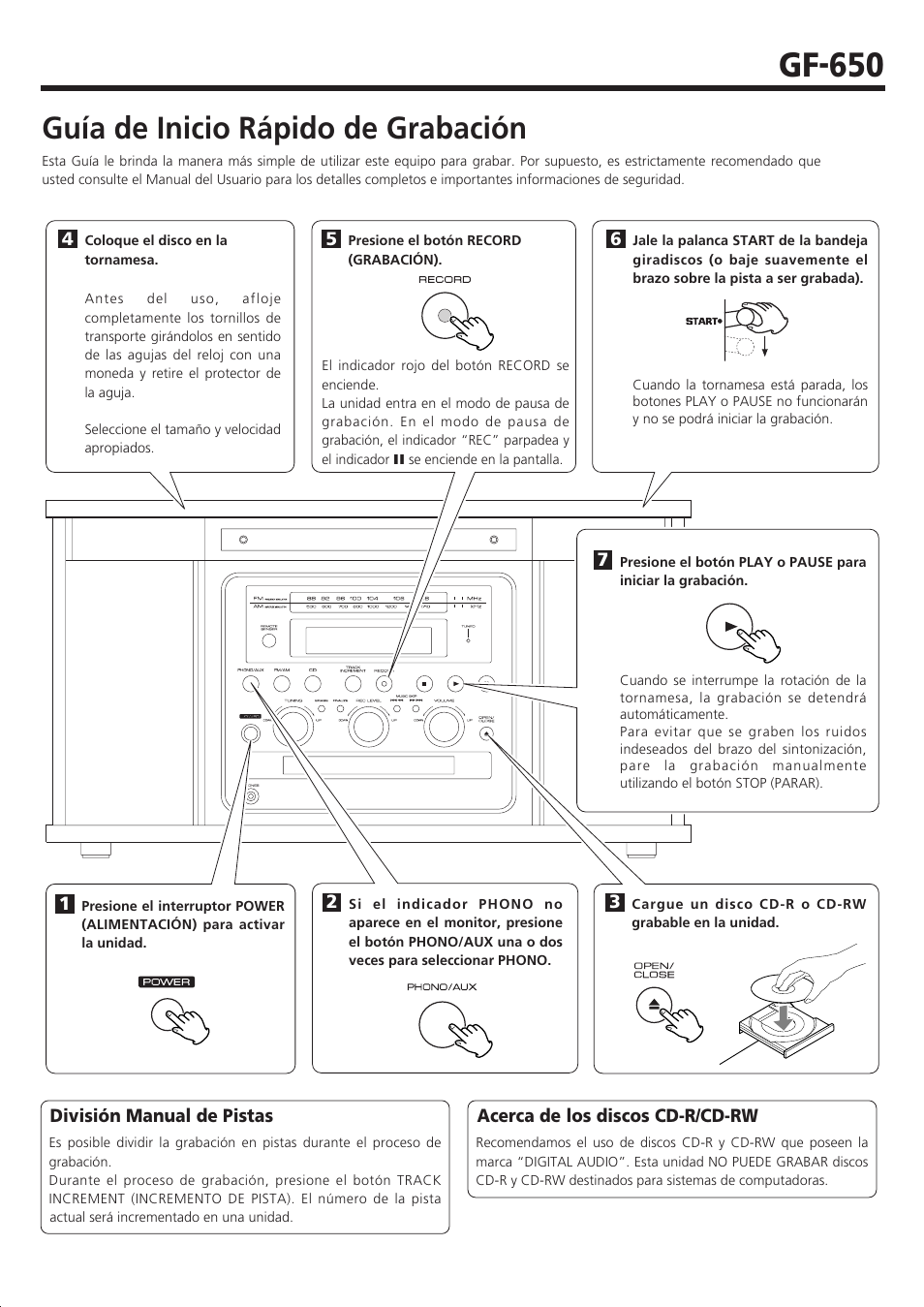 Guía de inicio rápido de grabación, Gf-650 | Teac GF-650 User Manual | Page 3 / 3