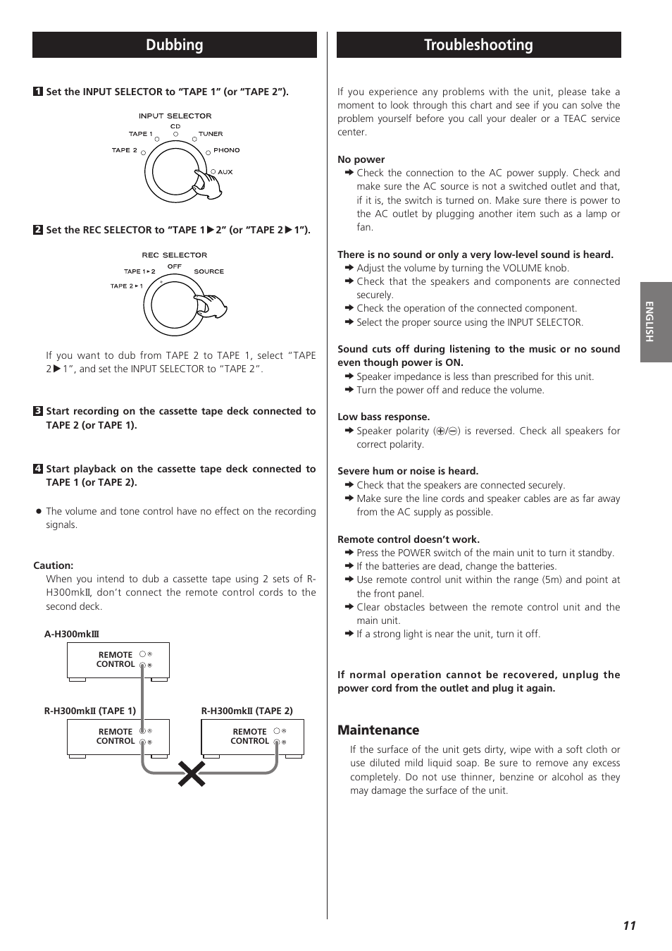 Dubbing troubleshooting, Maintenance | Teac A-H300mkIII User Manual | Page 11 / 28