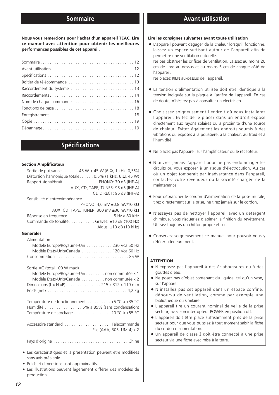 Sommaire, Spécifications avant utilisation | Teac A-H300mkIII User Manual | Page 12 / 28