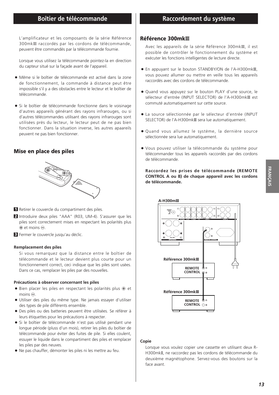 Raccordement du système, Boîtier de télécommande, Référence 300mk iii | Mise en place des piles | Teac A-H300mkIII User Manual | Page 13 / 28