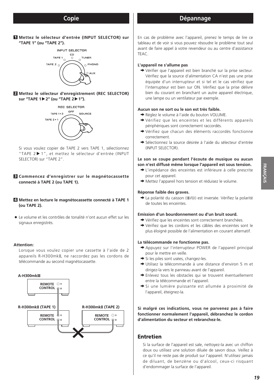 Copie, Dépannage, Entretien | Teac A-H300mkIII User Manual | Page 19 / 28