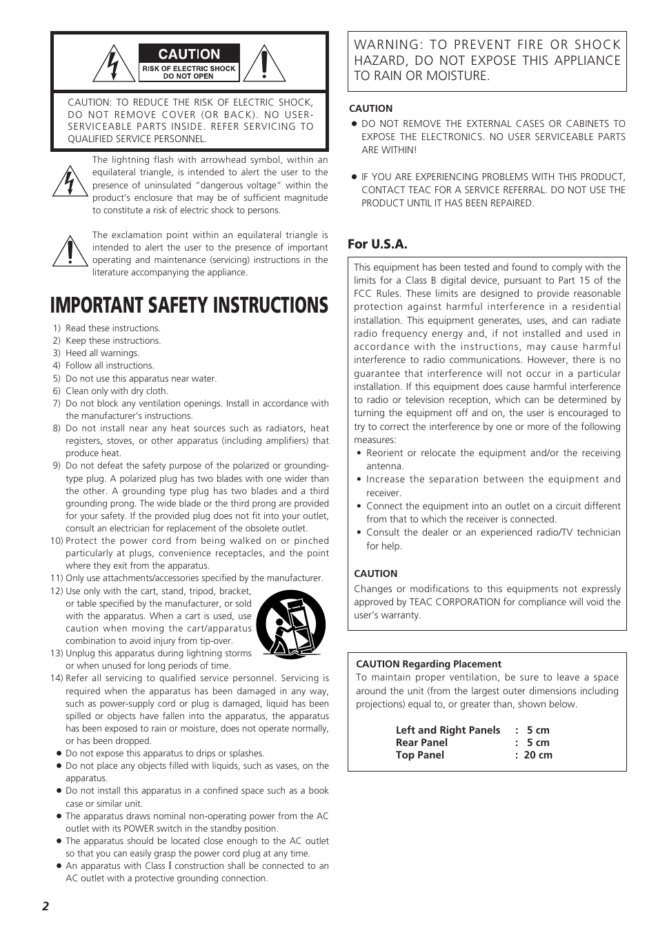 Important safety instructions, For u.s.a | Teac A-H300mkIII User Manual | Page 2 / 28